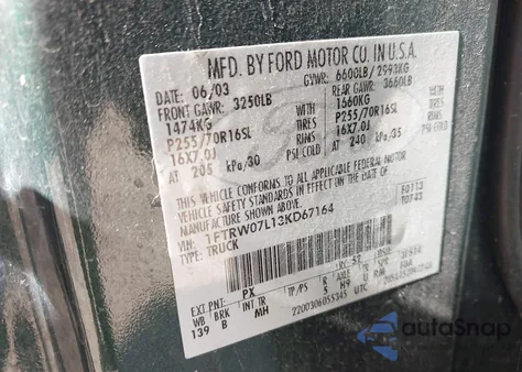 2003 Ford F-150 Lariat/Xlt from USA, damaged, VIN 1FTRW07L13KD67164